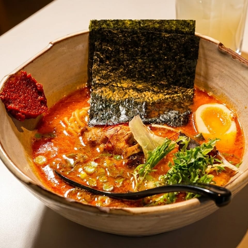 Spicy ramen bowl with noodles, soft-boiled egg, nori, and chili paste on a white table.