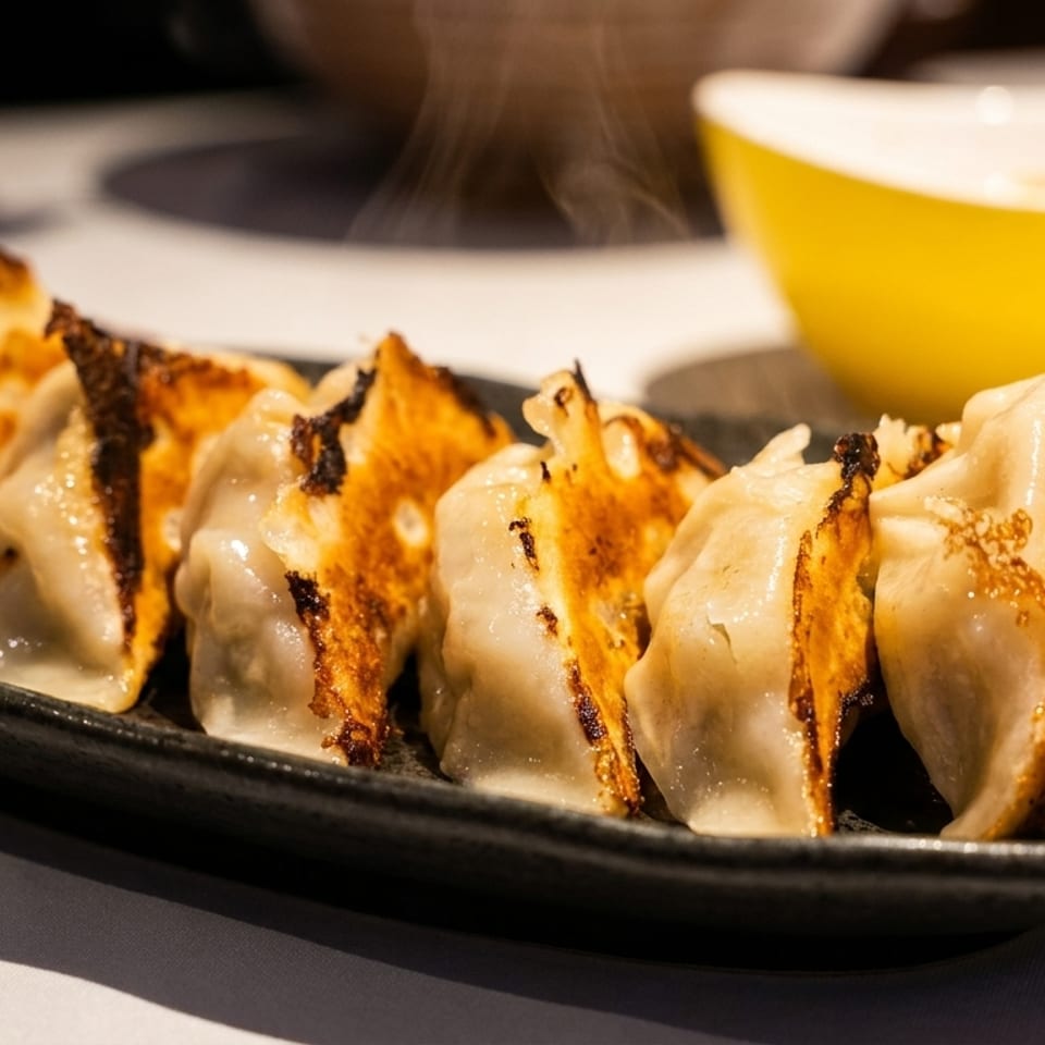 Steaming pan-fried gyoza with crispy golden-brown bottoms on a dark plate, with a yellow bowl.