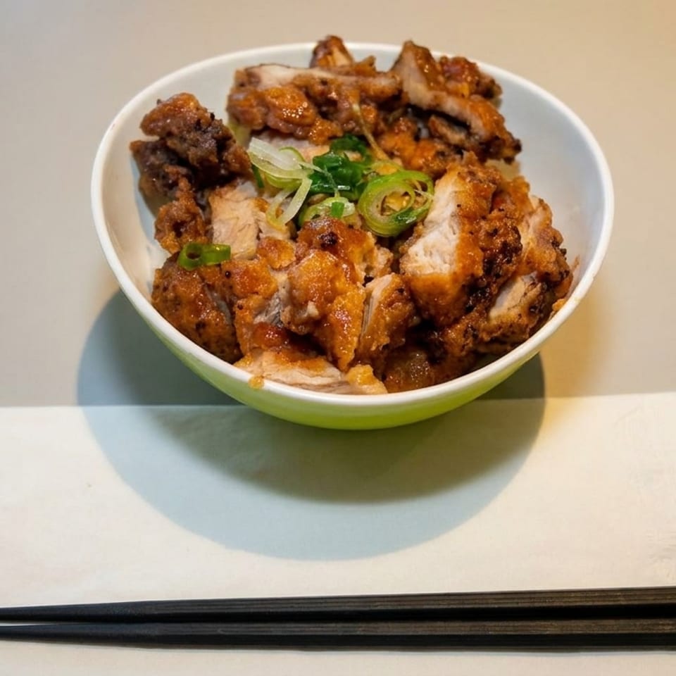 Bowl of crispy fried chicken pieces topped with green onions, served with black chopsticks.