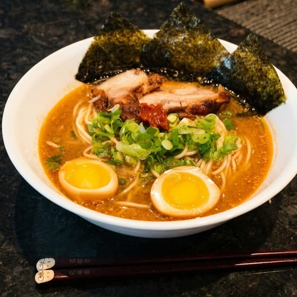 A bowl of ramen with pork, soft-boiled eggs, green onions, and nori on a dark countertop with chopsticks.