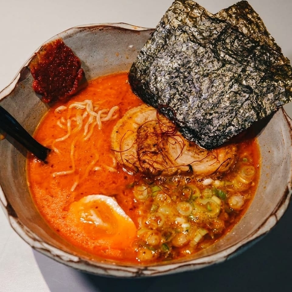 A vibrant bowl of spicy ramen with pork, egg, nori, noodles, and green onions.
