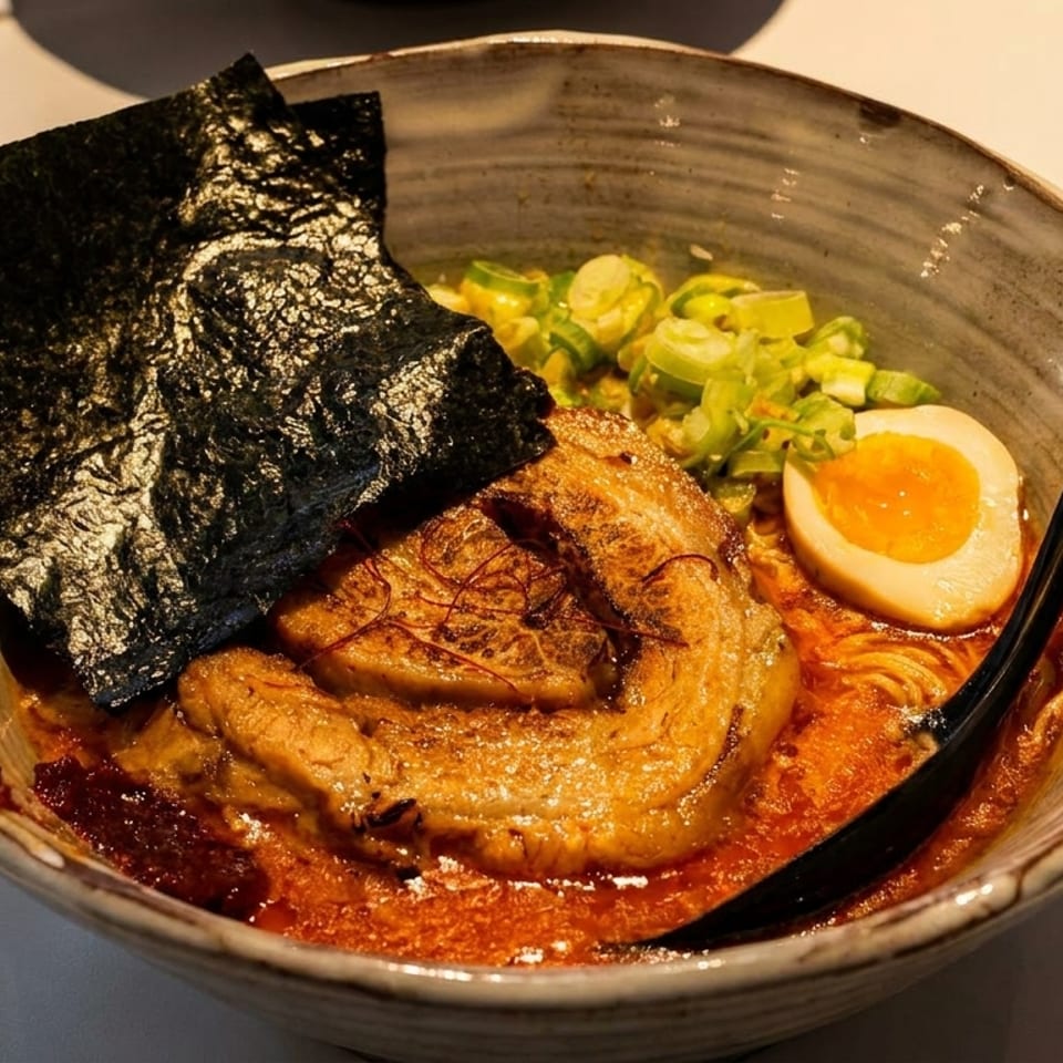 Spicy ramen bowl with pork belly, soft-boiled egg, scallions, and nori seaweed.