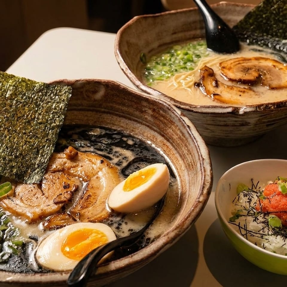 Two bowls of ramen with pork, egg, and nori, alongside rice and fried chicken side dishes.