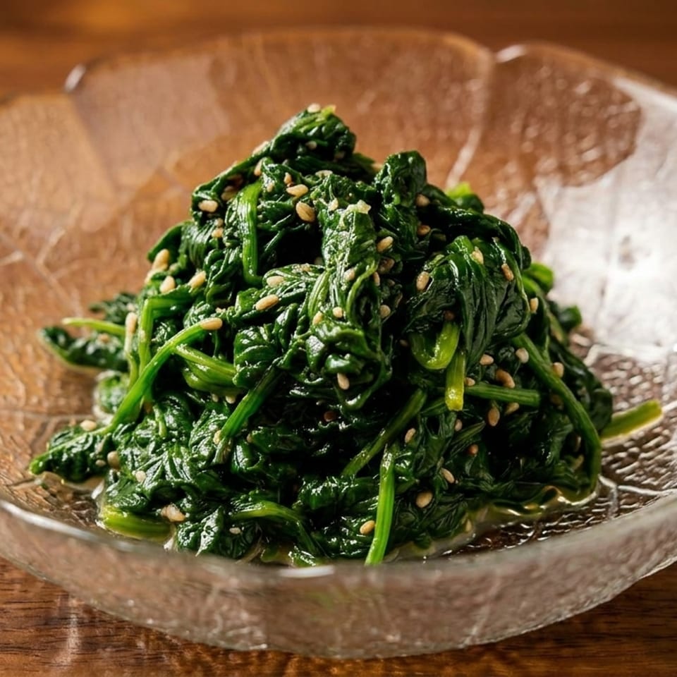 Cooked spinach topped with sesame seeds in a clear glass bowl on a wooden surface.