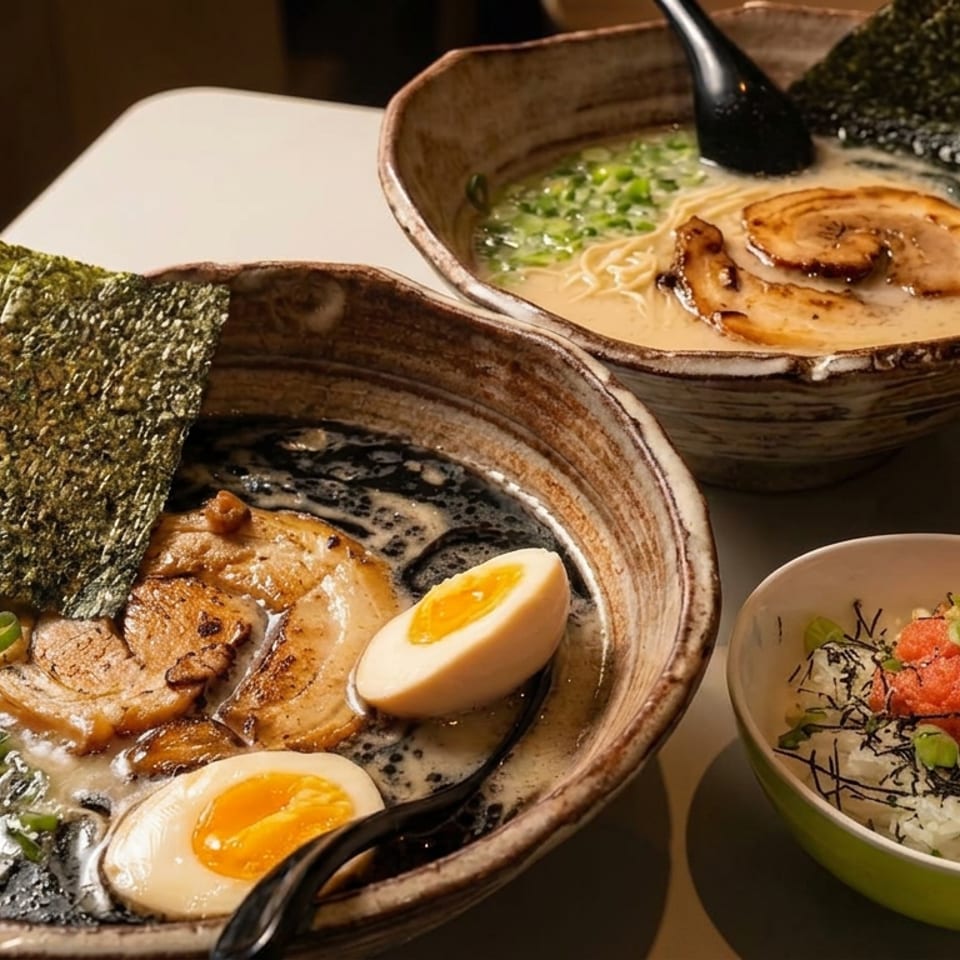Two bowls of ramen with pork, soft-boiled eggs, noodles, and seaweed, alongside rice topped with salmon roe and green onions.