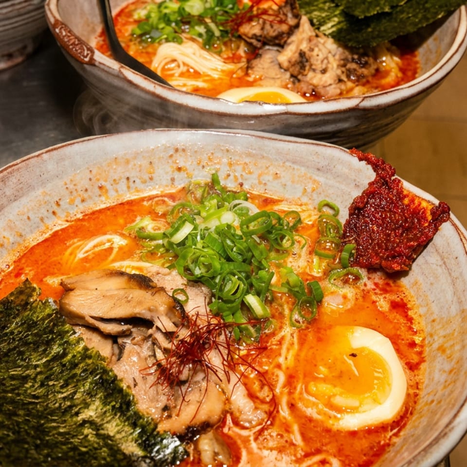 Two bowls of spicy ramen topped with pork, mushrooms, green onions, nori, chili, and soft-boiled eggs.