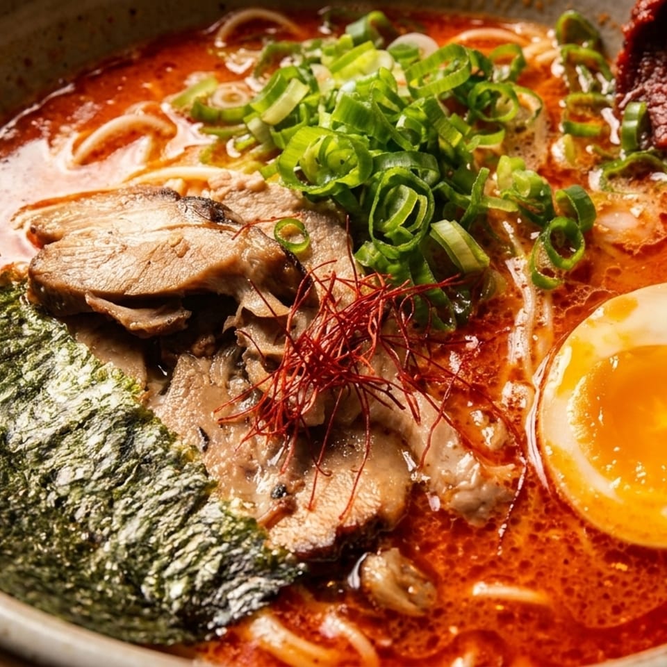Spicy ramen bowl with rich red broth, pork, soft-boiled egg, green onions, and nori.